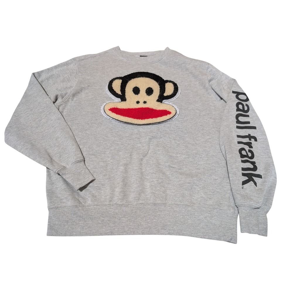 Paul Frank Sweatshirt Juniors S Gray Julius Monkey Chenille Patch Y2K Streetwear